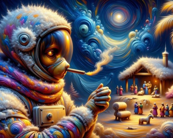 Psychedelic Digital Painting of Astronaut Nativity Scene