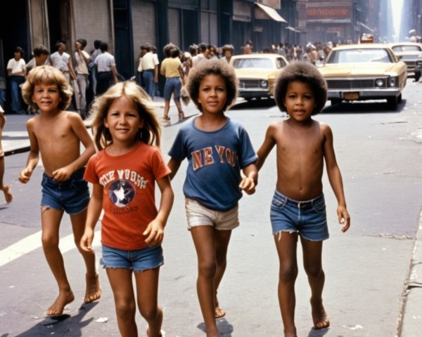 Children Walking in a Busy Urban Street Scene