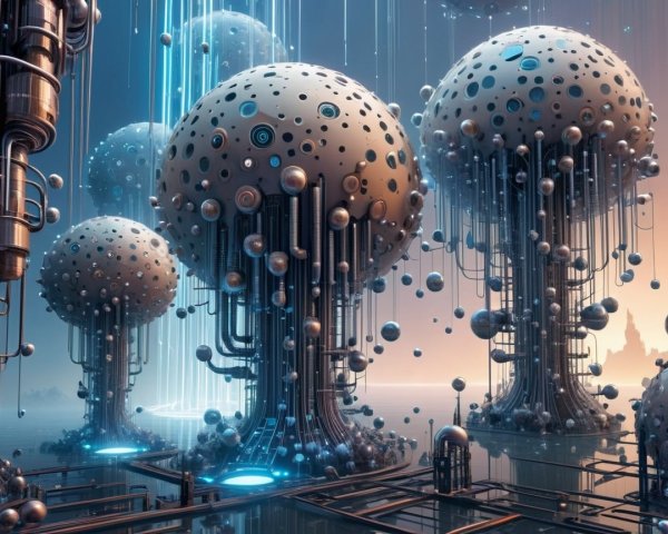 Futuristic Landscape with Neon Metallic Trees