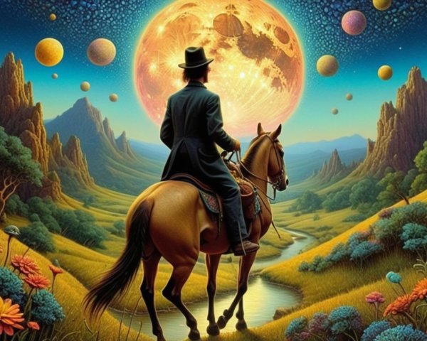 Rider on Horseback Under Vivid Moonlit Landscape