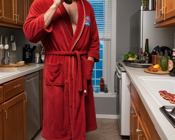 Man in Red Bathrobe Relaxing in Cozy Kitchen
