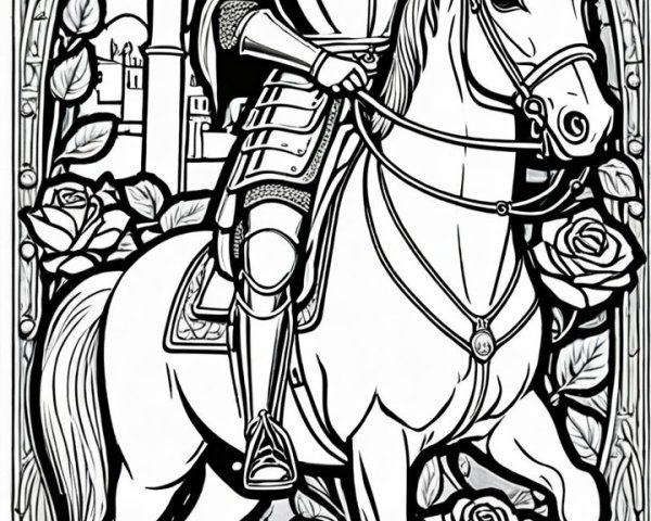Detailed Line Art of Knight on Horse with Roses