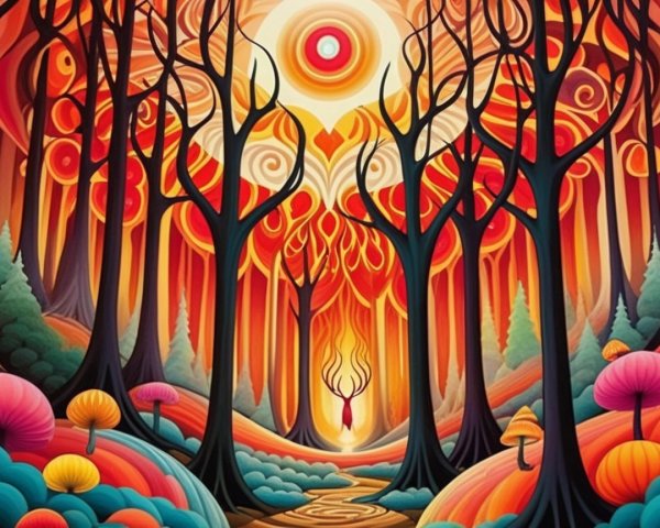 Surreal Forest Scene with Colorful Foliage and Antlers