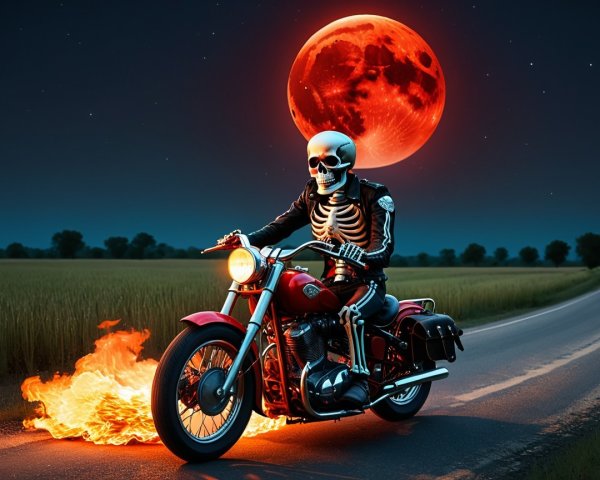 Skeleton in Leather Jacket on Motorcycle at Night