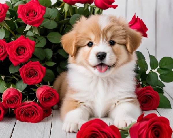 Fluffy Puppy Surrounded by Red Roses and Green Leaves