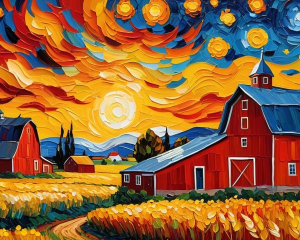 Impressionistic Landscape with Red Barns and Sunset Sky