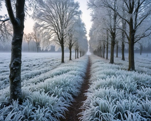 Serene Winter Landscape with Frosted Trees and Mist