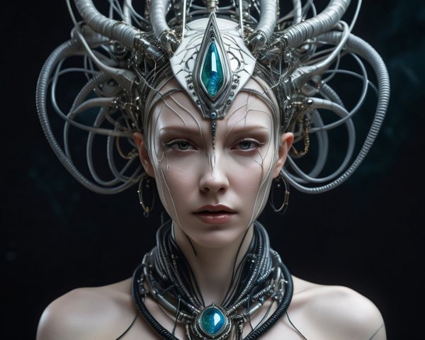 Futuristic figure with metallic headpiece and jewel