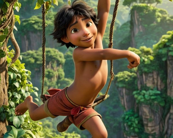 Young boy swinging from a vine in a jungle setting