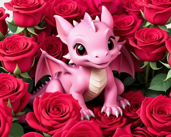 Pink Dragon Surrounded by Red Roses in Fantasy Scene