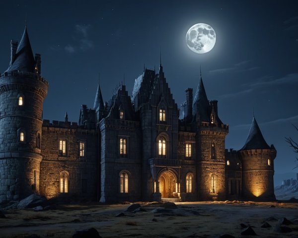 Majestic stone castle illuminated by a full moon