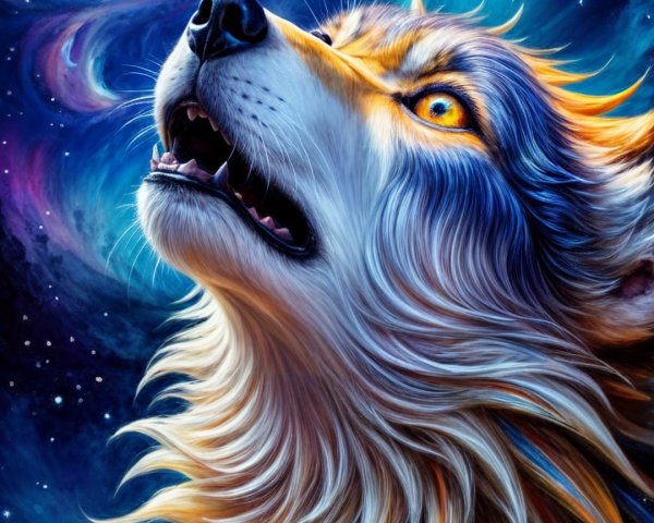 Wolf in Cosmic Night Sky with Radiant Moon