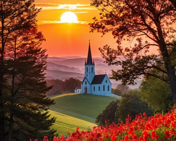 Serene Landscape with Church and Vibrant Flowers