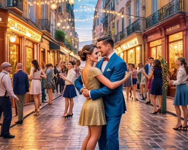 Couple Dancing in Festive Street with Shops and Lights