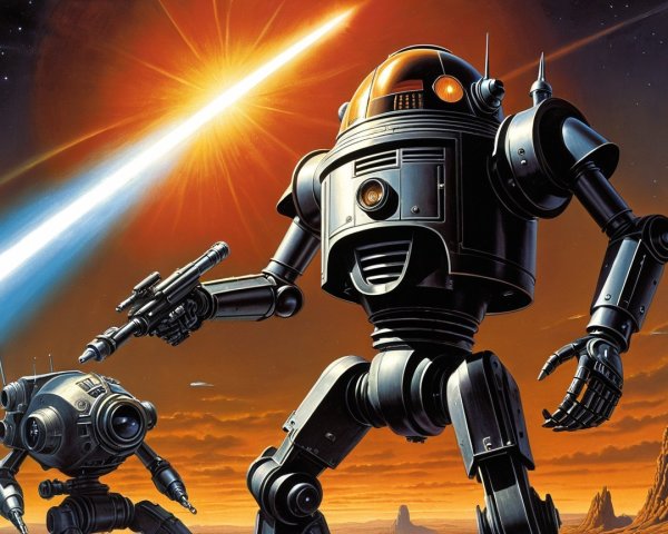 Robots in Alien Landscape with Colorful Light Streams