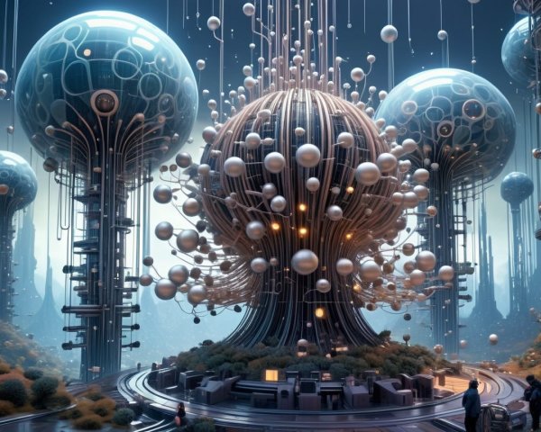Futuristic Landscape with Tech-Tree Structures and Orbs