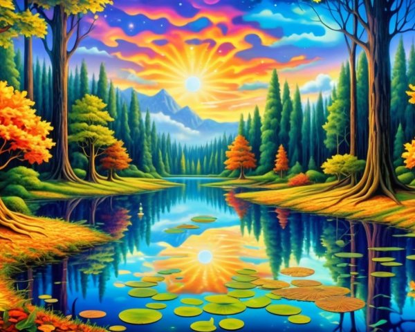 Autumn Landscape with Lake and Mountain Sunrise