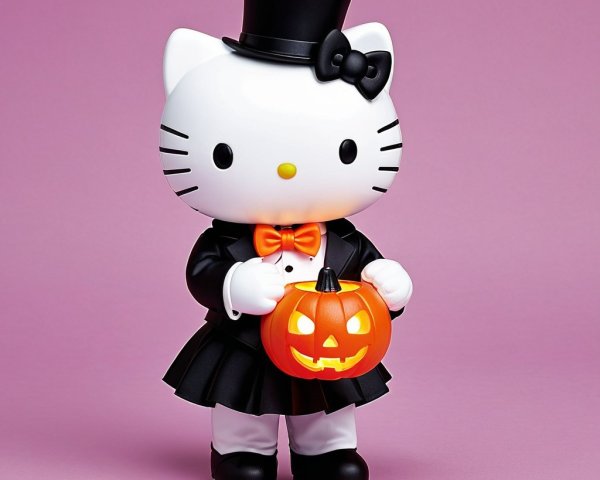 Halloween Cat Figure in Tuxedo with Pumpkin