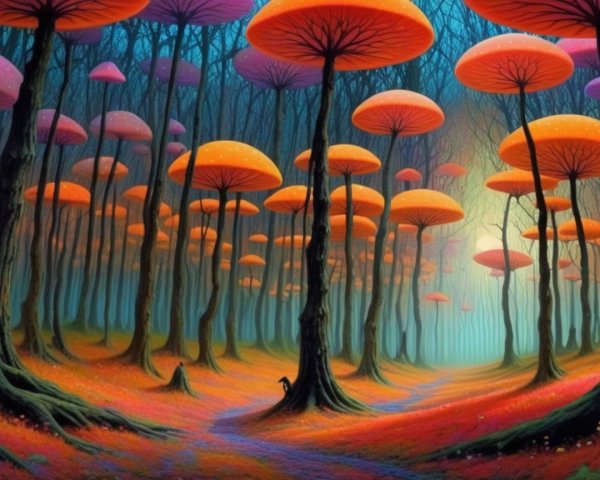 Surreal Forest Scene with Vibrant, Giant Mushrooms