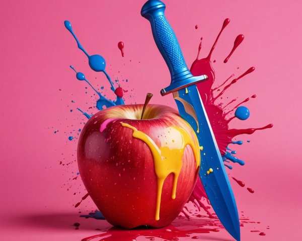 Vibrant Red Apple with Blue Knife on Pink Background