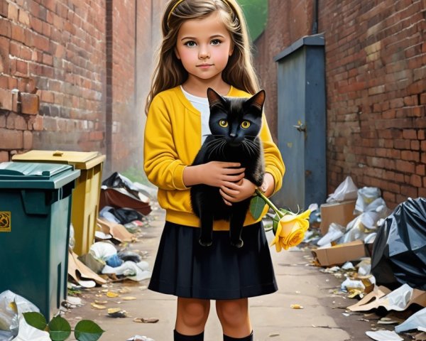 Young girl in alley with black cat and yellow rose