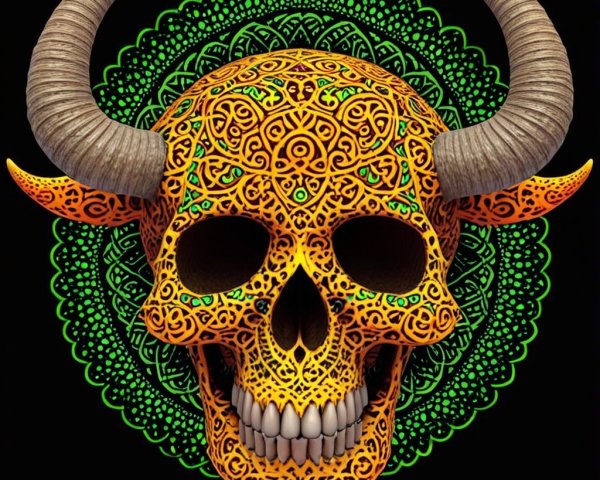 Vibrant Skull with Intricate Patterns and Horns