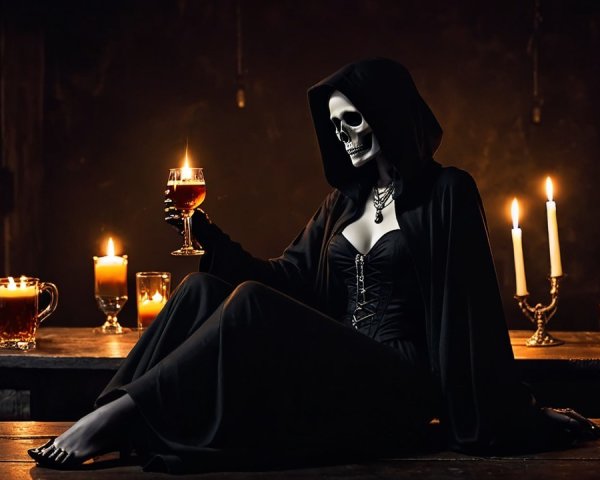 Skeleton Figure in Cloak at Rustic Table with Goblet