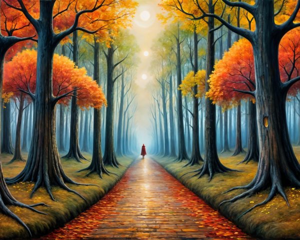 Tranquil Forest Path with Autumn Colors and Mist