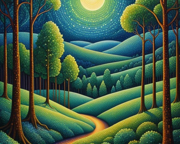 Vibrant Landscape with Rolling Hills and Full Moon