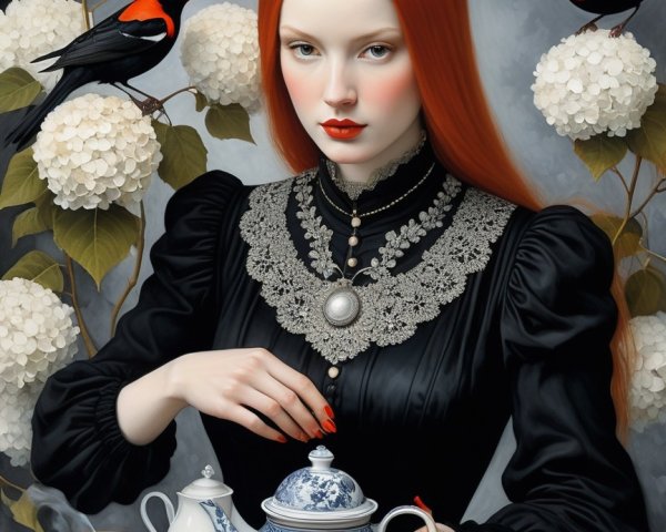 Portrait of a Young Woman with Red Hair and Tea Setting