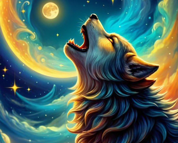 Wolf Howling at Full Moon Among Colorful Galaxies