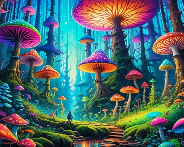 Enchanted forest with oversized colorful mushrooms