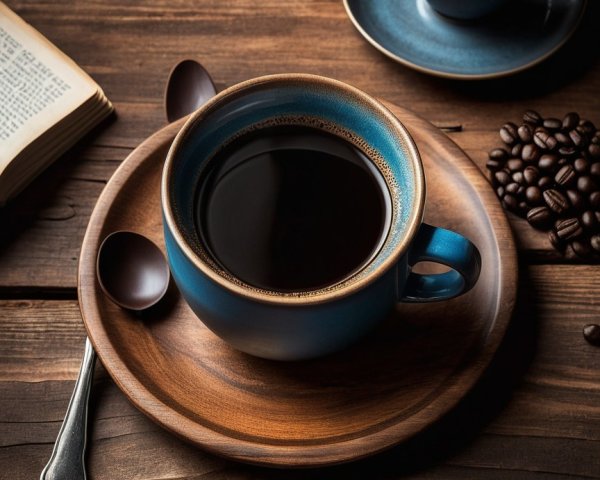 Rustic Table with Coffee Cups and Coffee Beans