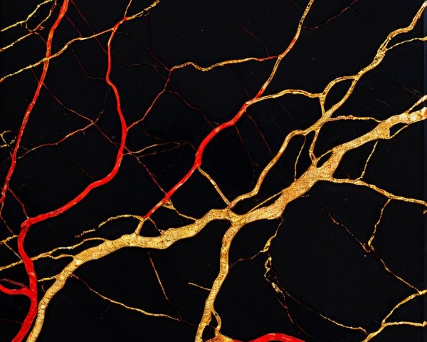 Abstract Design with Red and Gold Patterns on Black