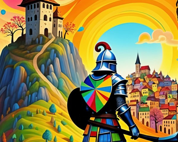 Whimsical Landscape with Knight and Medieval Village