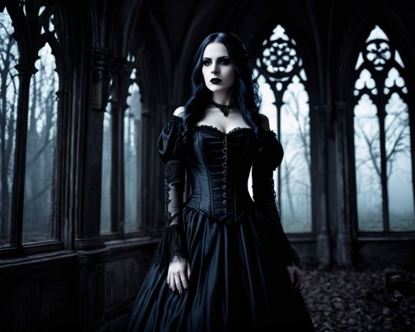 Gothic Elegant Woman in Dimly Lit Grand Hall