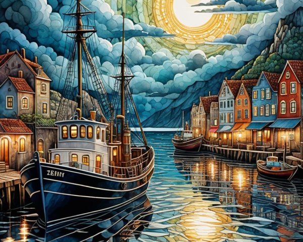 Twilight Harbor Scene with Fishing Boat and Colorful Houses