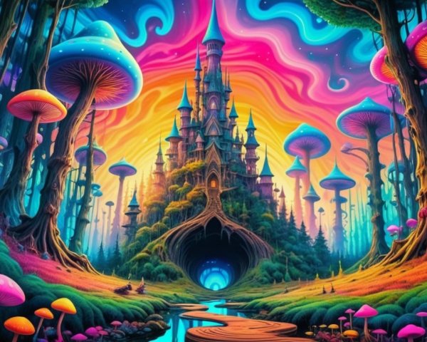 Fantasy Landscape with Castle and Colorful Mushrooms