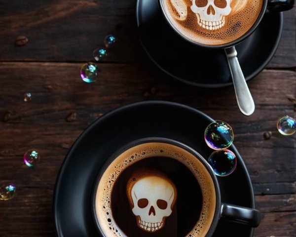 Black Coffee Cups with Skull Latte Art on Wooden Table