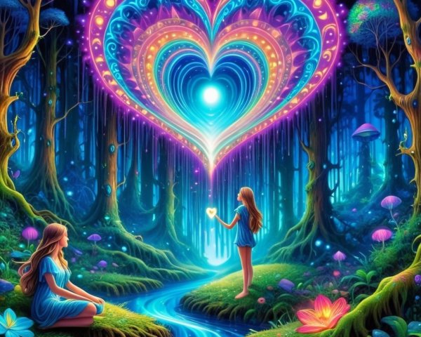 Two Girls in a Magical Forest with Luminous Heart