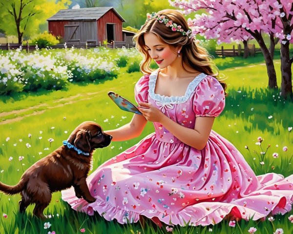 Young Woman in Pink Dress Reading on Green Lawn