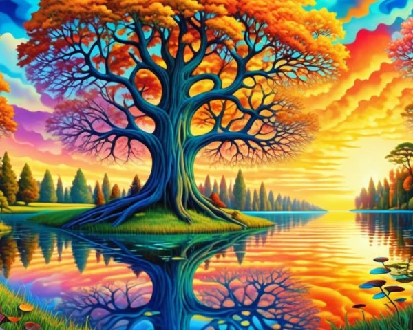 Vibrant Landscape with Tree and Sunset Reflection