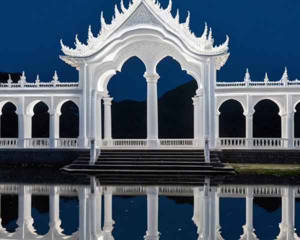 White Architectural Structure by Calm Water at Night