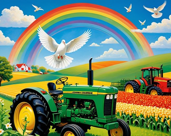 Colorful Tractors in a Vibrant Flower Field Landscape