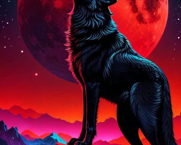 Black Wolf Howling Under a Red Moon and Starry Sky