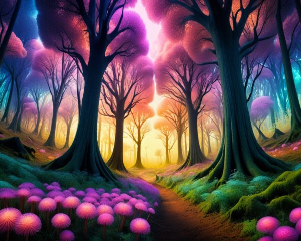 Vibrant Fantastical Forest with Colorful Canopies