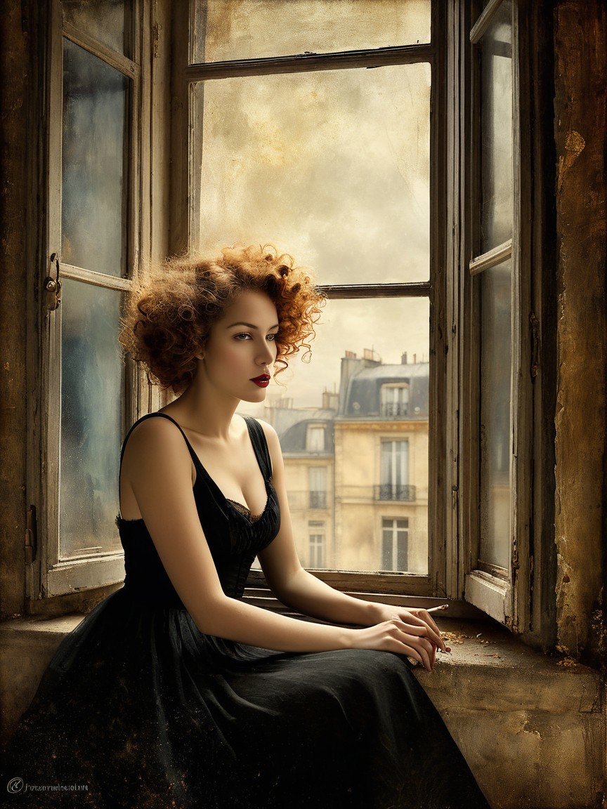 Elegant Woman in Black Gown by Open Window