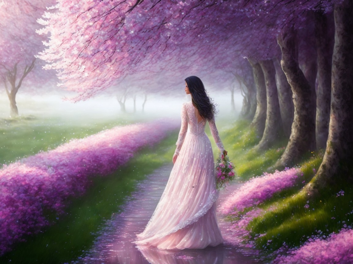 Woman in Pink Gown Among Cherry Blossoms and Mist