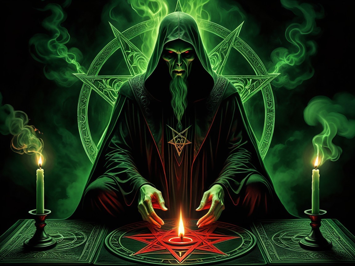 Mysterious figure in hooded robe before red pentagram