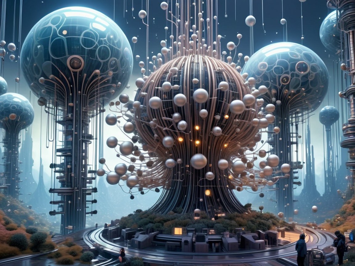 Futuristic Landscape with Tech-Tree Structures and Orbs